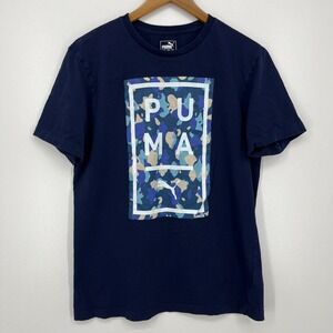 Puma T-Shirt Men's L Blue Camouflage Logo Short Sleeve‎ Crew Neck